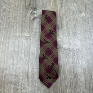 Paul Stuart Wool Necktie Made in USA Plaid With Birds Pattern